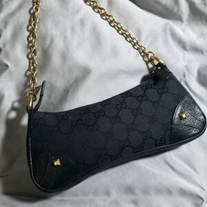 Vintage Authentic Black Gucci Monogram Nailhead Pochette